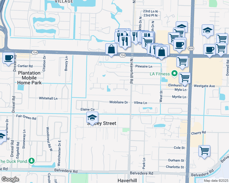 map of restaurants, bars, coffee shops, grocery stores, and more near 5120 Elmhurst Road in West Palm Beach