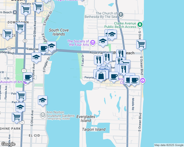 map of restaurants, bars, coffee shops, grocery stores, and more near 412 Australian Avenue in Palm Beach