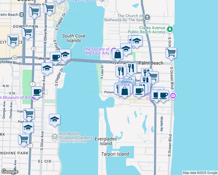 map of restaurants, bars, coffee shops, grocery stores, and more near 450 Australian Avenue in Palm Beach