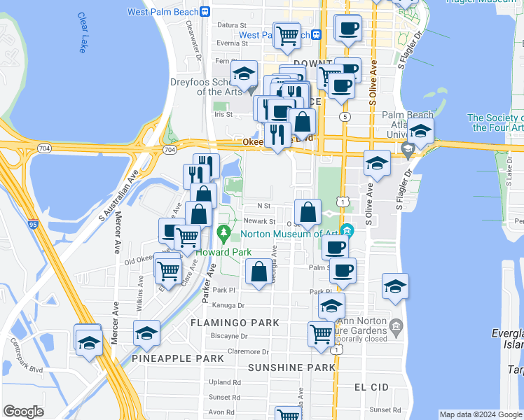 map of restaurants, bars, coffee shops, grocery stores, and more near 775 N Street in West Palm Beach