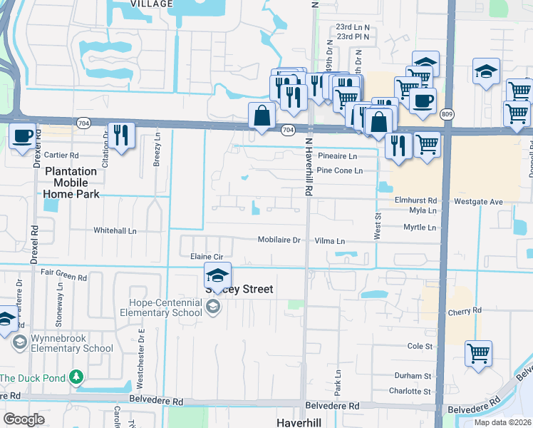map of restaurants, bars, coffee shops, grocery stores, and more near 5170 Elmhurst Road in West Palm Beach