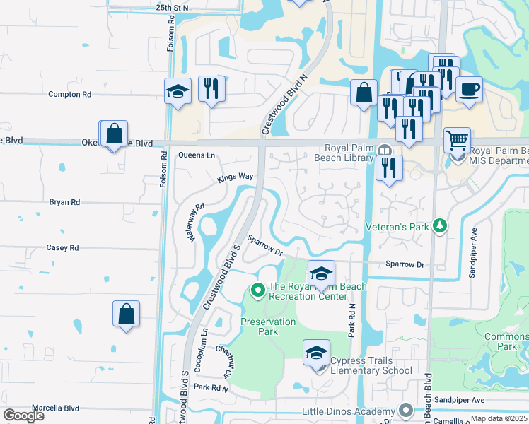 map of restaurants, bars, coffee shops, grocery stores, and more near 116 Cambridge Lane in Royal Palm Beach