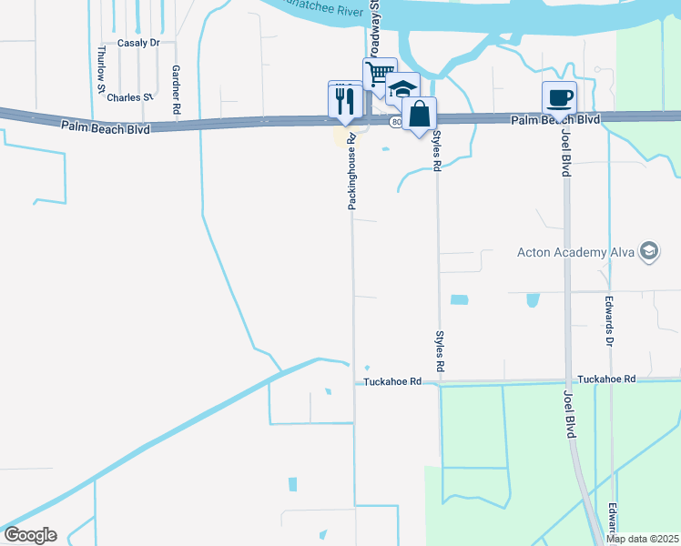 map of restaurants, bars, coffee shops, grocery stores, and more near 1013 Packing House R in Alva