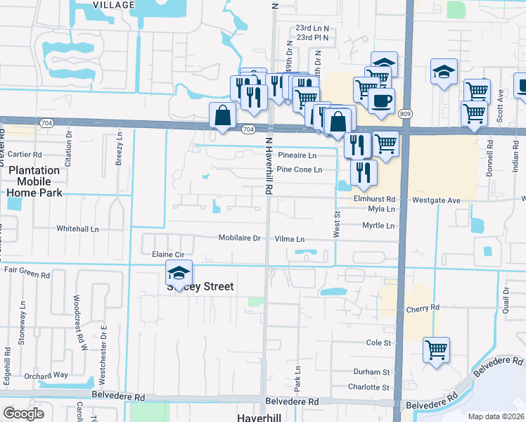 map of restaurants, bars, coffee shops, grocery stores, and more near 5040 Elmhurst Road in West Palm Beach