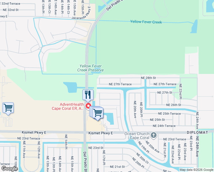 map of restaurants, bars, coffee shops, grocery stores, and more near 1718 Northeast 27th Terrace in Cape Coral