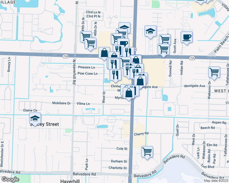 map of restaurants, bars, coffee shops, grocery stores, and more near 4641 Myla Lane in West Palm Beach