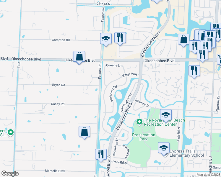 map of restaurants, bars, coffee shops, grocery stores, and more near 122 Waterway Road in Royal Palm Beach