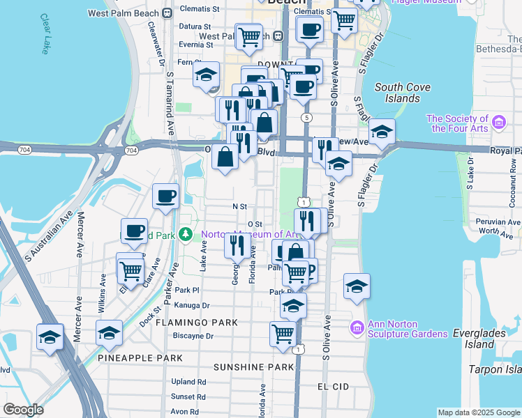 map of restaurants, bars, coffee shops, grocery stores, and more near 1114 Florida Avenue in West Palm Beach