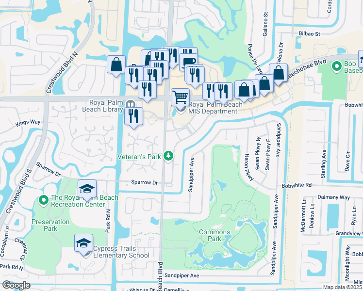 map of restaurants, bars, coffee shops, grocery stores, and more near 138a Sparrow Drive in Royal Palm Beach