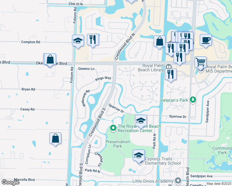 map of restaurants, bars, coffee shops, grocery stores, and more near 116 Cambridge Lane in Royal Palm Beach