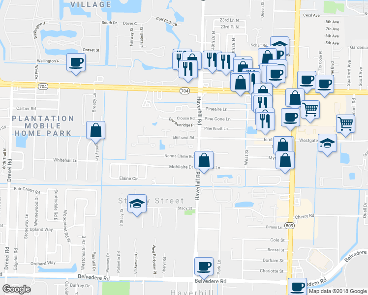 map of restaurants, bars, coffee shops, grocery stores, and more near 5080 Elmhurst Road in West Palm Beach