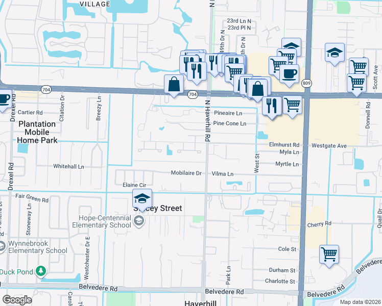 map of restaurants, bars, coffee shops, grocery stores, and more near 5080 Elmhurst Road in West Palm Beach