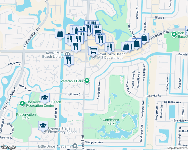 map of restaurants, bars, coffee shops, grocery stores, and more near 138a Sparrow Drive in Royal Palm Beach