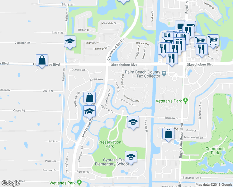 map of restaurants, bars, coffee shops, grocery stores, and more near 136 Preserve Drive in Royal Palm Beach