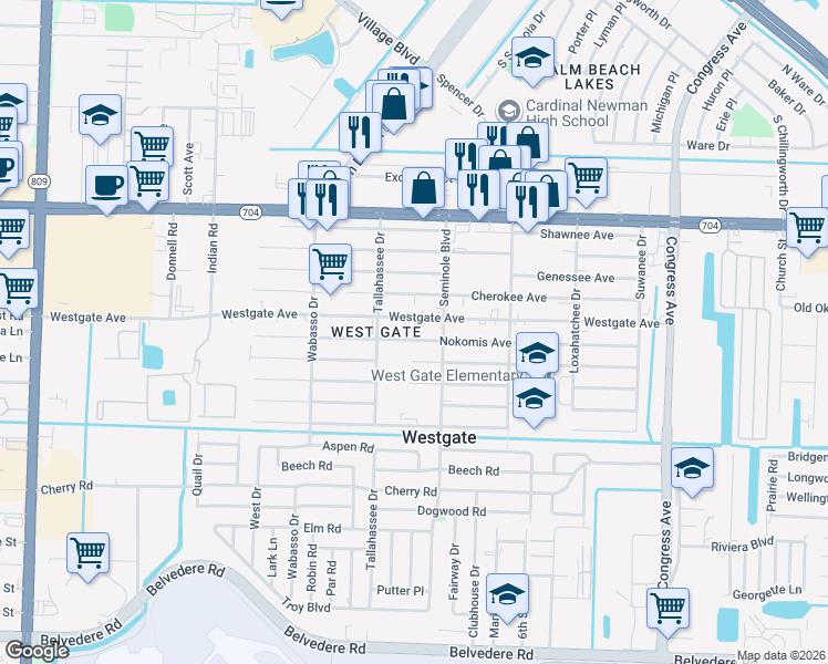 map of restaurants, bars, coffee shops, grocery stores, and more near 2730C Westgate Avenue in West Palm Beach