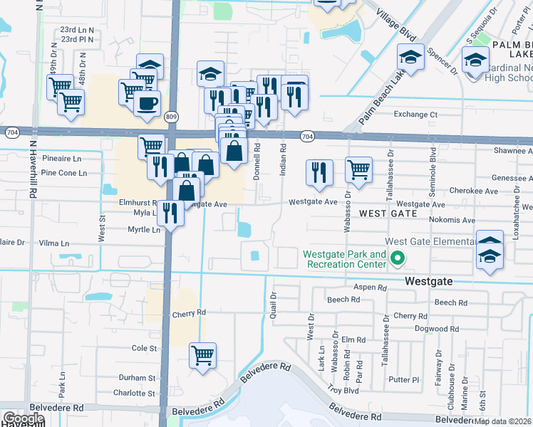 map of restaurants, bars, coffee shops, grocery stores, and more near 4150 Westgate Avenue in West Palm Beach