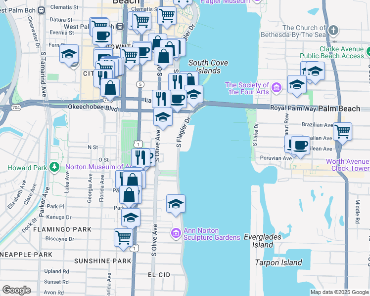 map of restaurants, bars, coffee shops, grocery stores, and more near 1200 South Flagler Drive in West Palm Beach