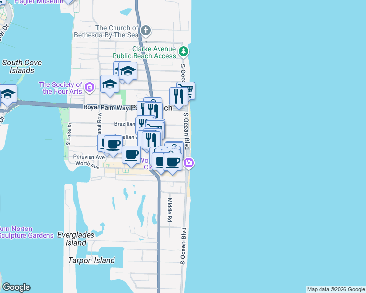 map of restaurants, bars, coffee shops, grocery stores, and more near 350 South Ocean Boulevard in Palm Beach
