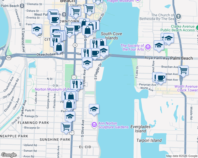 map of restaurants, bars, coffee shops, grocery stores, and more near 1119 South Flagler Drive in West Palm Beach