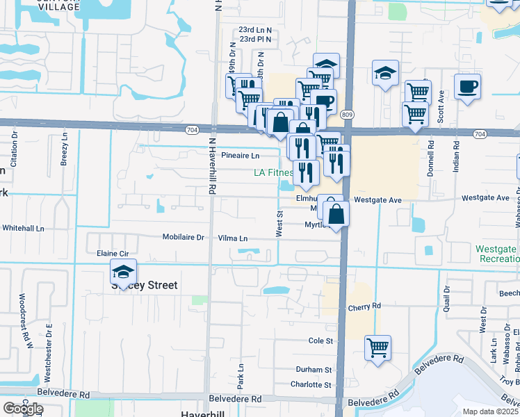 map of restaurants, bars, coffee shops, grocery stores, and more near 4787 Elmhurst Road in West Palm Beach