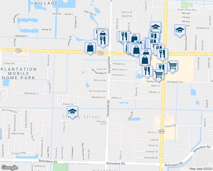 map of restaurants, bars, coffee shops, grocery stores, and more near 1442 Haverhill Road in West Palm Beach