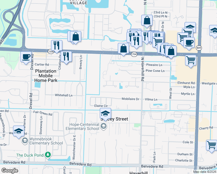 map of restaurants, bars, coffee shops, grocery stores, and more near 5090 Sanctuary Way in West Palm Beach