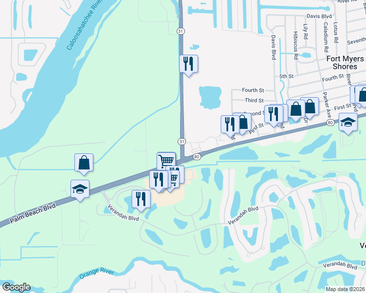 map of restaurants, bars, coffee shops, grocery stores, and more near 16400 SR 31 in Fort Myers