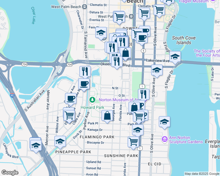 map of restaurants, bars, coffee shops, grocery stores, and more near 733 N Street in West Palm Beach