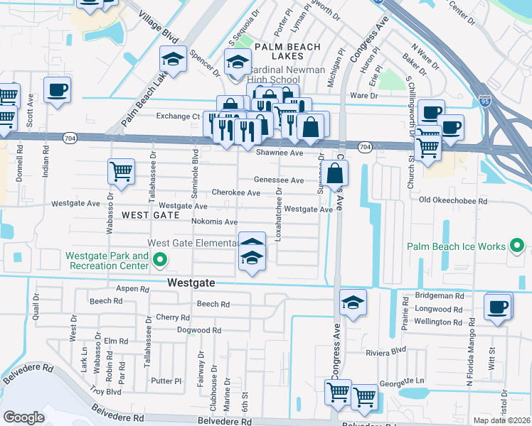 map of restaurants, bars, coffee shops, grocery stores, and more near 2544 Westgate Avenue in West Palm Beach