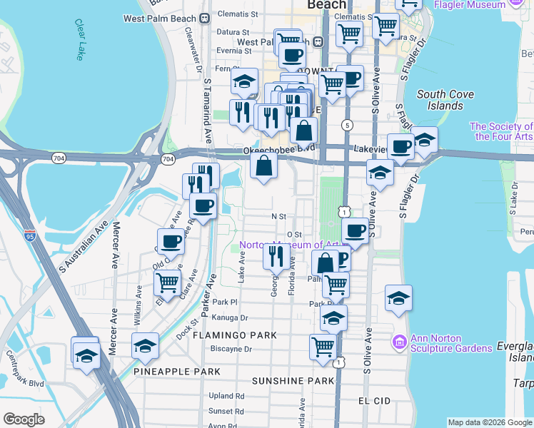 map of restaurants, bars, coffee shops, grocery stores, and more near 733 N Street in West Palm Beach