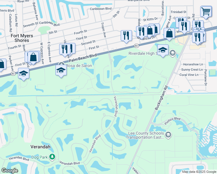 map of restaurants, bars, coffee shops, grocery stores, and more near 13860 Amblewind Cove Way in Fort Myers