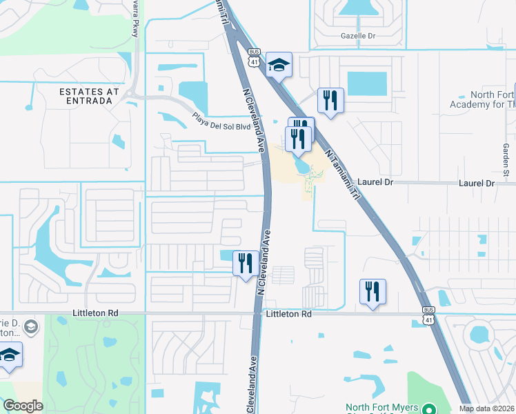 map of restaurants, bars, coffee shops, grocery stores, and more near 16361 North Cleveland Avenue in North Fort Myers