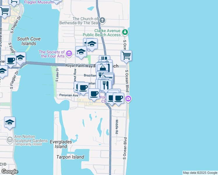 map of restaurants, bars, coffee shops, grocery stores, and more near 148 Australian Avenue in Palm Beach