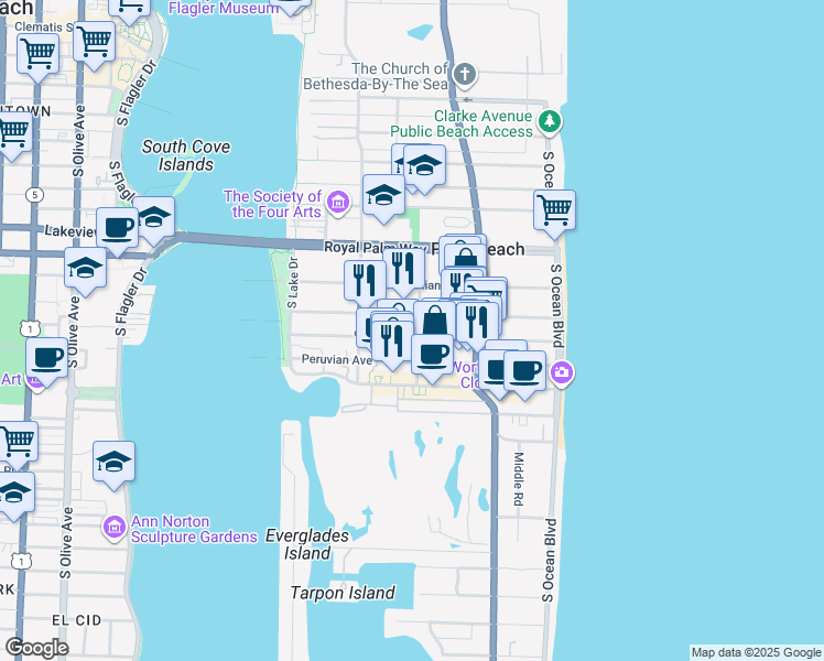 map of restaurants, bars, coffee shops, grocery stores, and more near 359 Hibiscus Avenue in Palm Beach