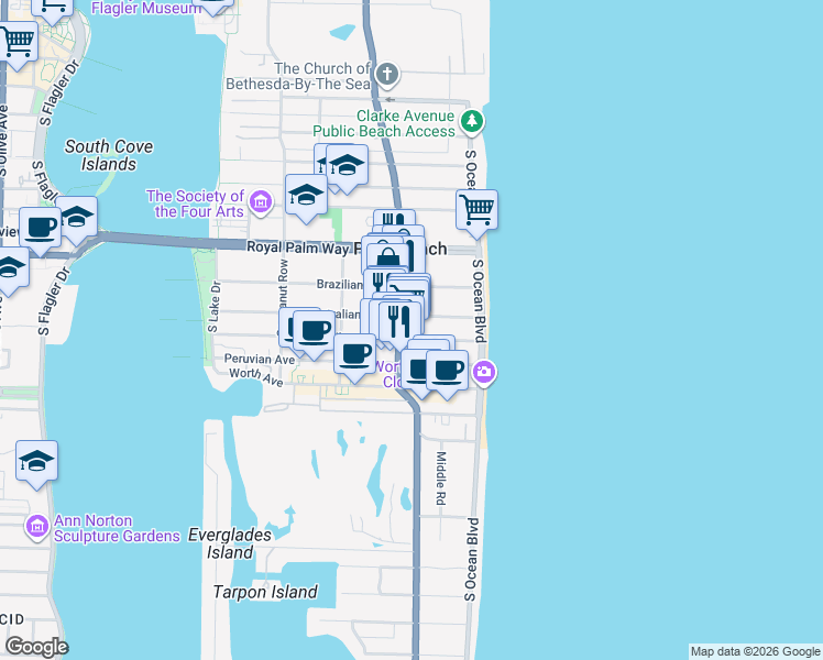 map of restaurants, bars, coffee shops, grocery stores, and more near 148 Australian Avenue in Palm Beach