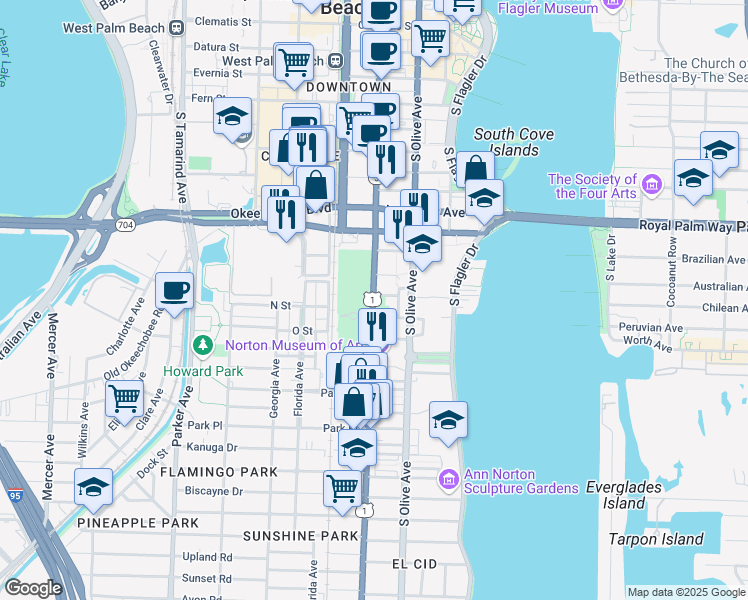 map of restaurants, bars, coffee shops, grocery stores, and more near 1223 South Dixie Highway in Lake Worth