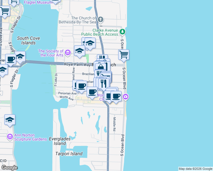 map of restaurants, bars, coffee shops, grocery stores, and more near 148 Australian Avenue in Palm Beach