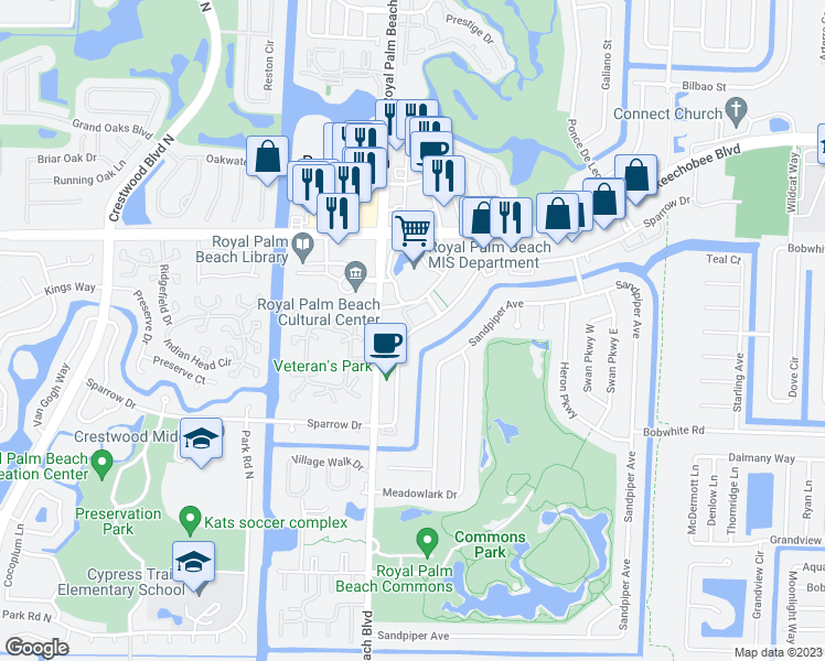 map of restaurants, bars, coffee shops, grocery stores, and more near Sparrow Drive in Royal Palm Beach