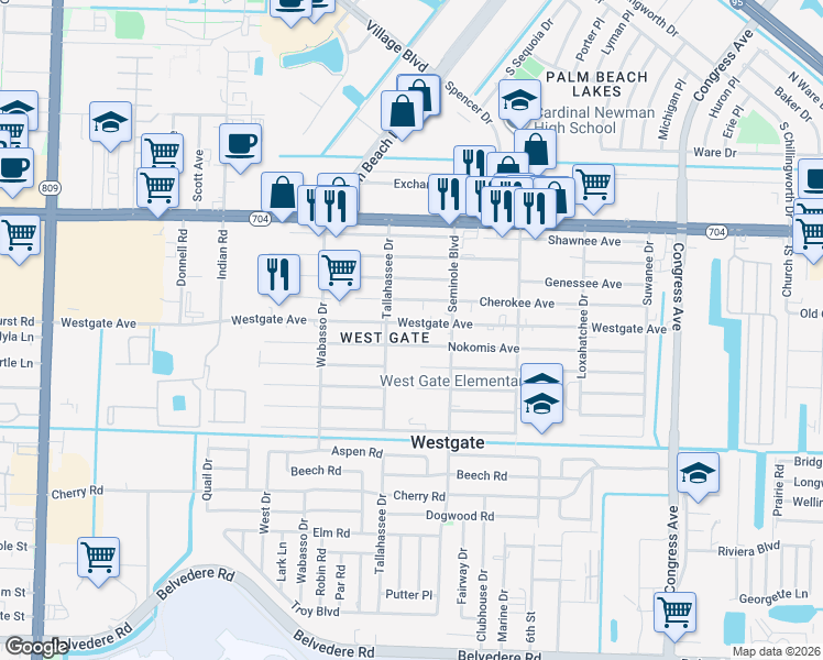 map of restaurants, bars, coffee shops, grocery stores, and more near 2730C Westgate Avenue in West Palm Beach