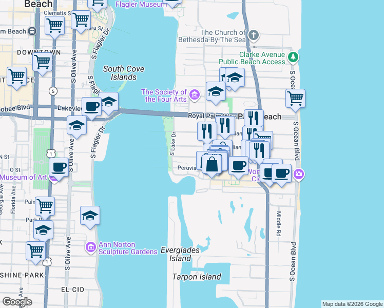 map of restaurants, bars, coffee shops, grocery stores, and more near 412 Australian Avenue in Palm Beach