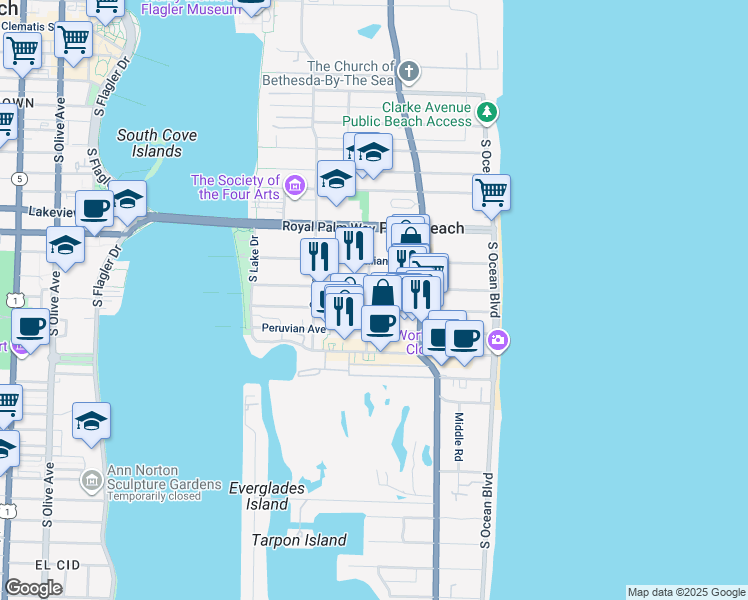 map of restaurants, bars, coffee shops, grocery stores, and more near 359 Hibiscus Avenue in Palm Beach