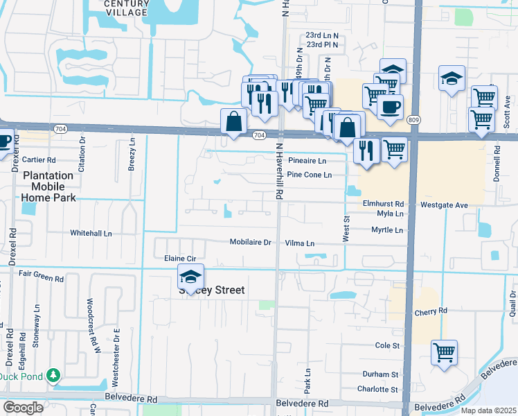 map of restaurants, bars, coffee shops, grocery stores, and more near 5100 Elmhurst Road in West Palm Beach