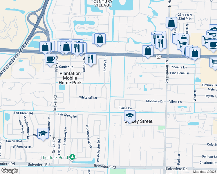 map of restaurants, bars, coffee shops, grocery stores, and more near 1714 East Breezy Lane in West Palm Beach