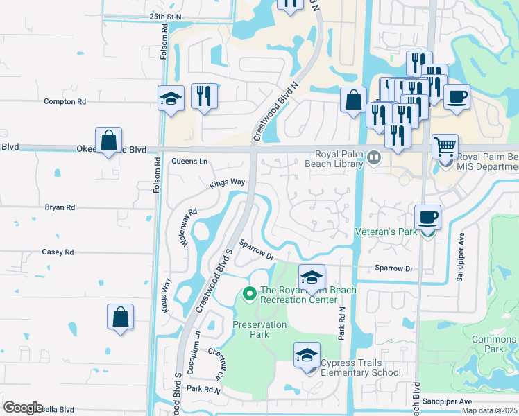 map of restaurants, bars, coffee shops, grocery stores, and more near 116 Cambridge Lane in Royal Palm Beach