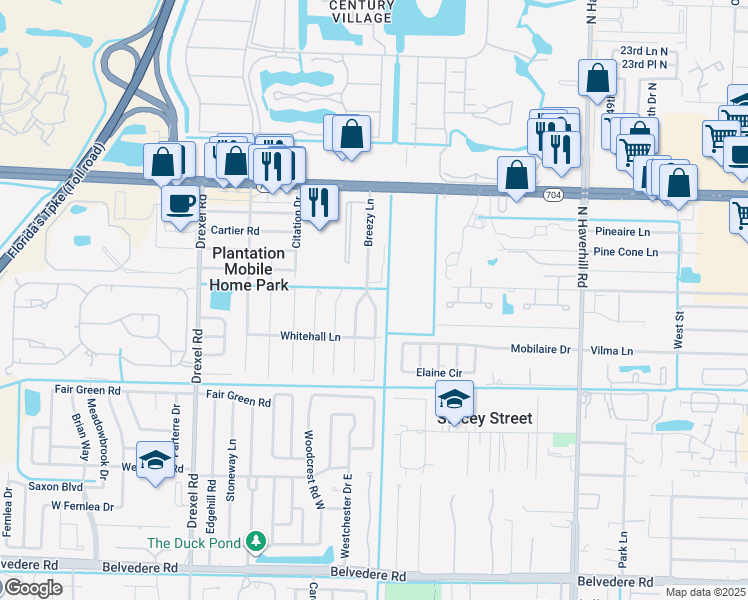 map of restaurants, bars, coffee shops, grocery stores, and more near 1714 East Breezy Lane in West Palm Beach