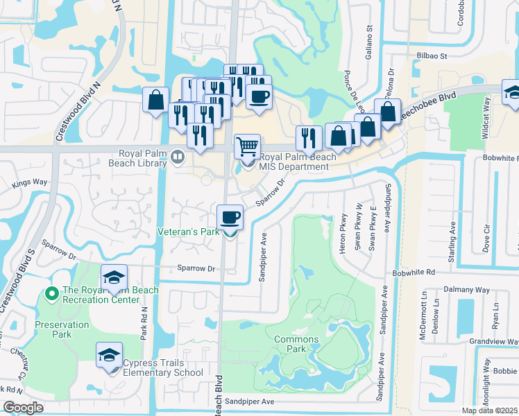 map of restaurants, bars, coffee shops, grocery stores, and more near 138a Sparrow Drive in Royal Palm Beach