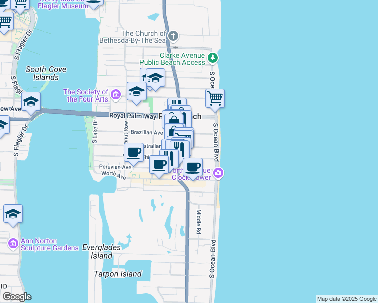 map of restaurants, bars, coffee shops, grocery stores, and more near 148 Australian Avenue in Palm Beach