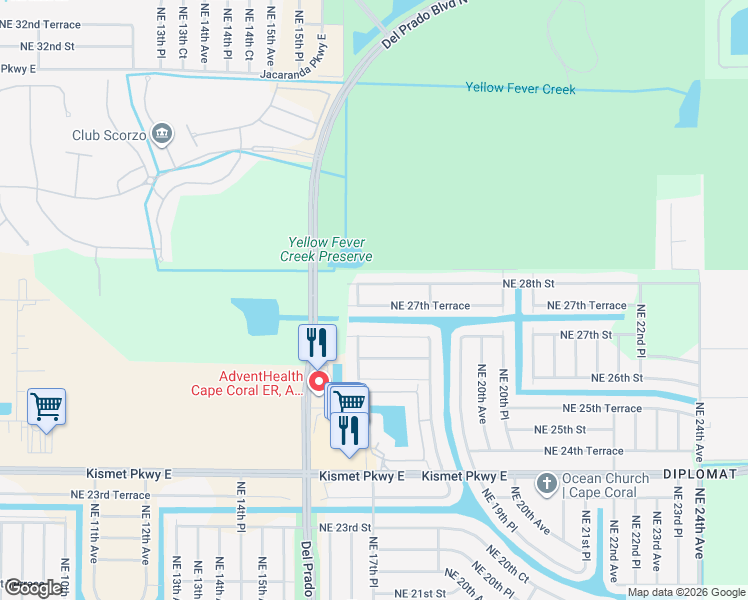 map of restaurants, bars, coffee shops, grocery stores, and more near 1711 Northeast 27th Terrace in Cape Coral