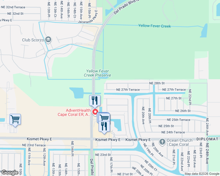 map of restaurants, bars, coffee shops, grocery stores, and more near 1711 Northeast 27th Terrace in Cape Coral