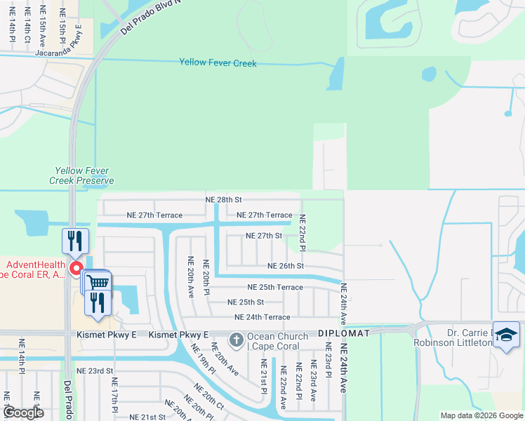 map of restaurants, bars, coffee shops, grocery stores, and more near 2119 Northeast 27th Terrace in Cape Coral